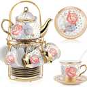 Zhehao 20 Pcs Porcelain Tea Set with Metal Holder and Spoon Adult Ceramic Tea Party Set European Flower Painting Teapot Cup Saucer Spoon Set for Women, Large Version(Romantic Style)