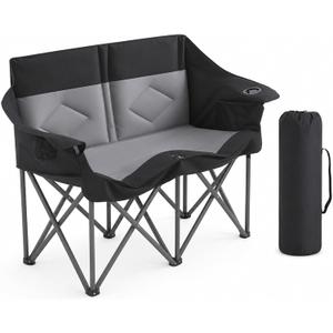SUWT Foldable Double Camping Chair, 2 Person Heavy Duty Oversized Loveseat Supports 800 LBS, with Cup Holders & Side Pocket, 600D Oxford Fabric for Camping, Picnic, Beach (Black & Gray), 1 PCS
