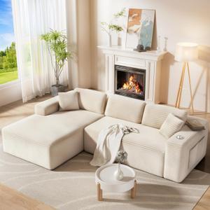 CAMMOO 108" L-Shaped Boneless Sectional Sofa, Cloud Couch in One Box | No Assembly Deep Seat, 4-Seater Sofa for Living Room, Storage Pockets, Plush Corduroy, Left-Facing Chaise, Beige