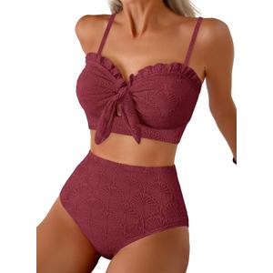 Herseas Women's Seashell Textured Bikini Sets Knotted Front 2 Piece Swimsuits Ruffle Trim Bathing Suits Large