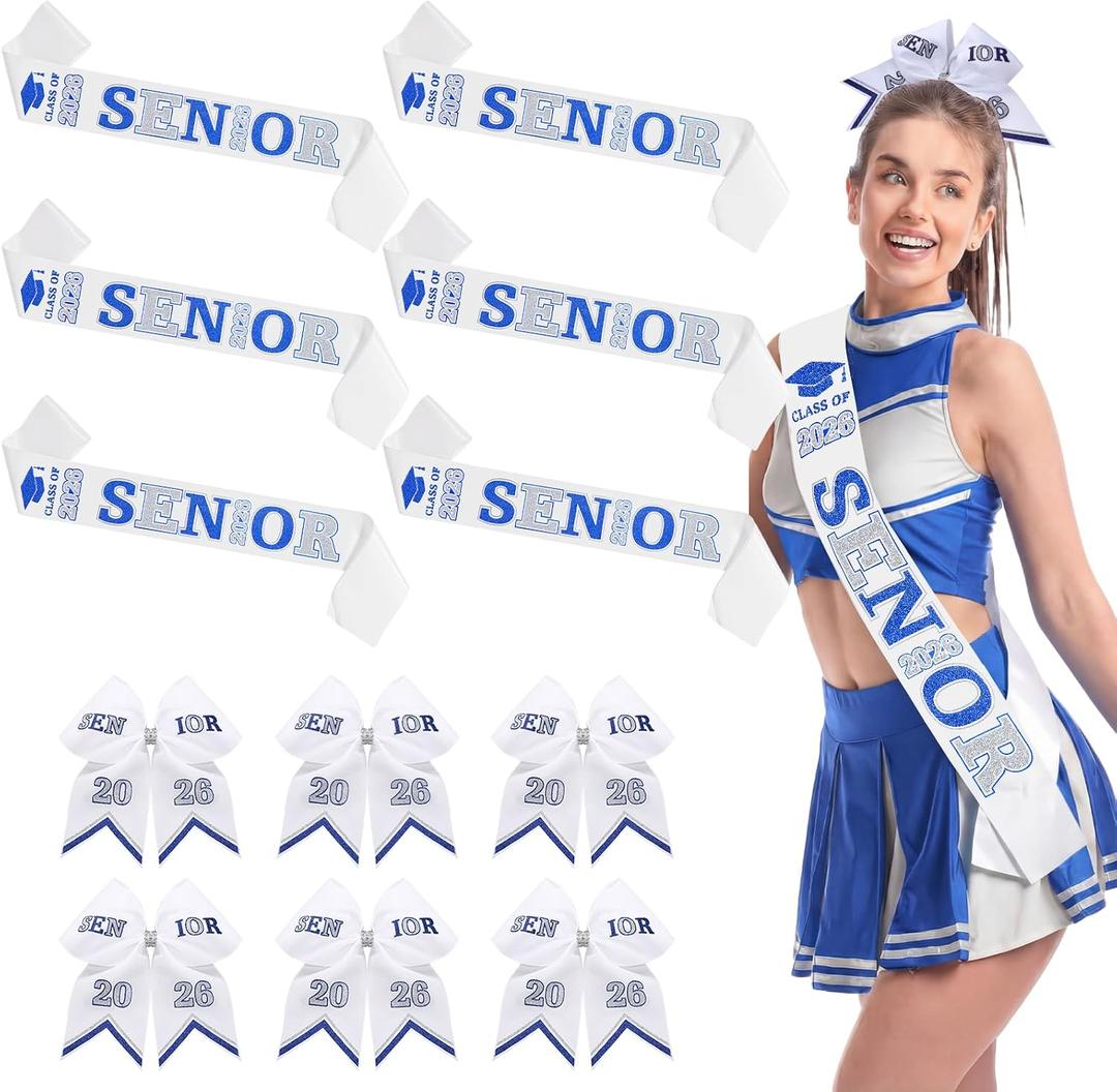 Suncalla 6 Set Senior Sashes Class of 2026 Graduation Satin Sash with Glitter Hair Bows 2026 Cheer Gifts for Graduation Party Cheerleader Prom Photos Celebration(Blue)