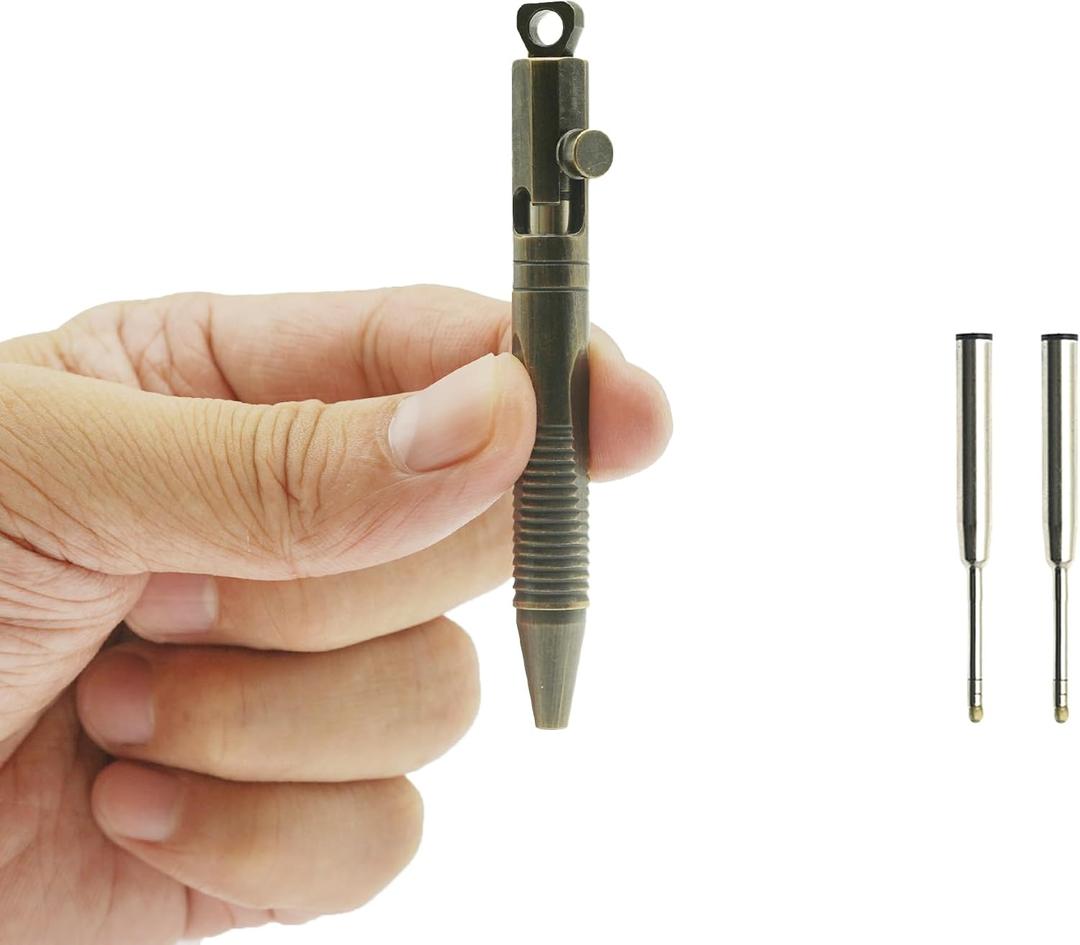 Mini Brass Bolt Action Pen with Quick-Release Keychain, Handmade EDC Pocket Pen, 76 mm with 2 Replacement Refills & Gift Box (QR Retro Black)