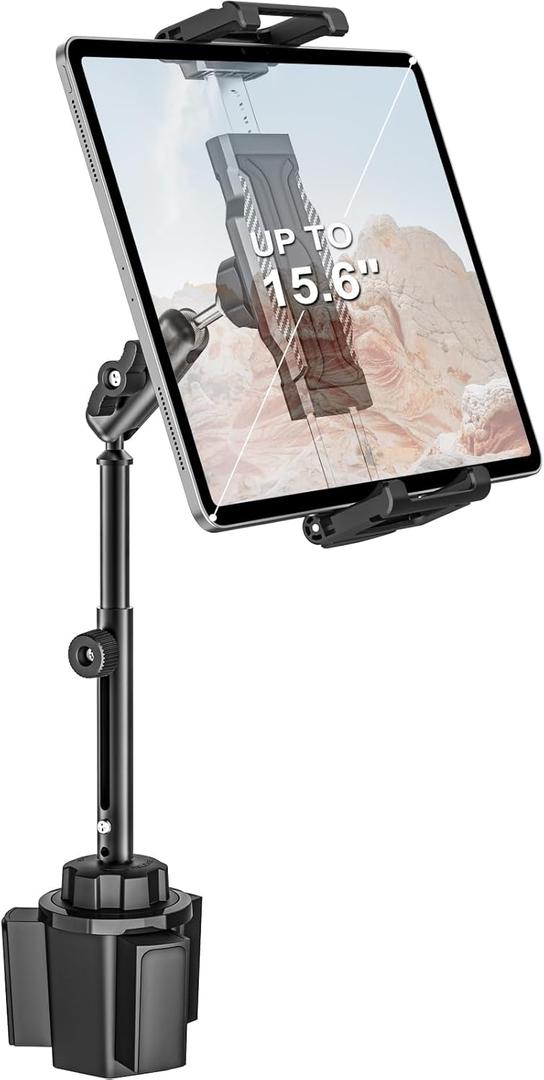 Cup Holder Car Large Tablet Mount, [Up to 15.6"] Metal Adjustable Arm CupHolder Tablet Clip, Heavy Duty Truck Cup Holder for iPad Pro 13 12.9 Air Mini, Galaxy tab, iPhone, 6.1-15.6" Devices