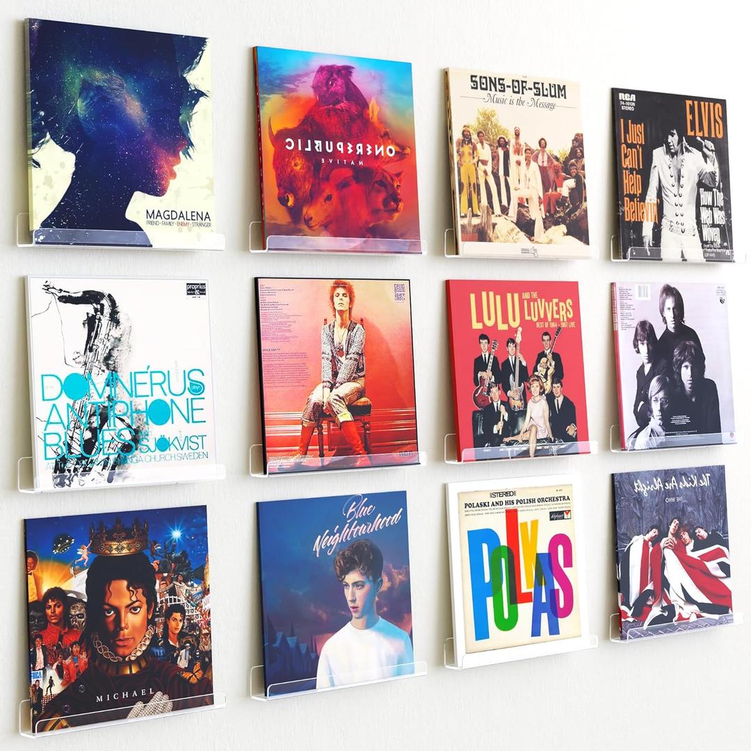 upsimples 12 Pack Vinyl Record Wall Mount Shelves, 12" Vinyl Holder for Album Record Storage & Display, Clear Acrylic Floating Shelves for Wall Decor, Kids Bookshelf, Magazine Rack, Picture Ledge