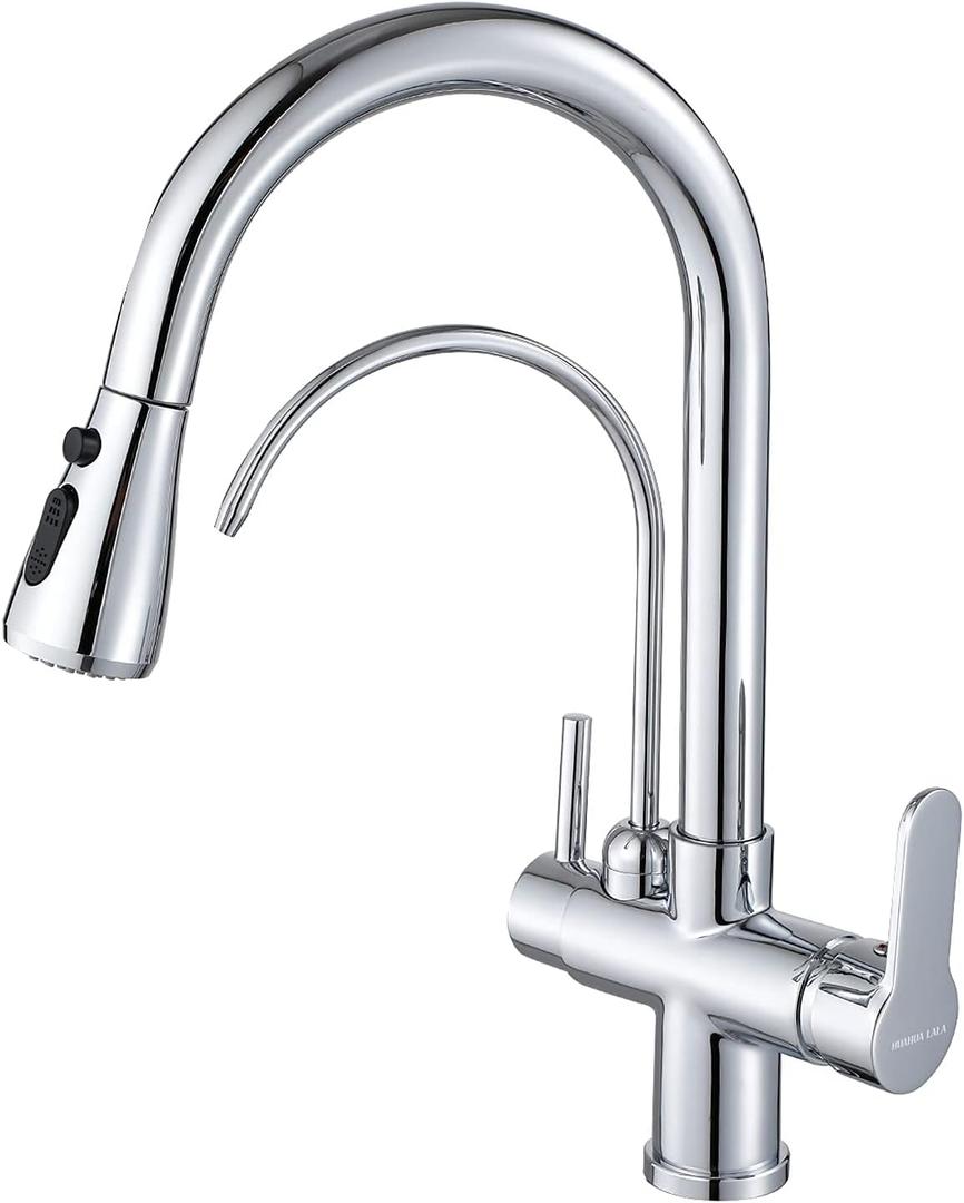 Kitchen Faucet with Pull Down Sprayer Modern 2 Handle Kitchen Faucets Drinking Water Faucet Reverse Osmosis Faucet for Kitchen Sink 3 in 1 High Arc Water Purifier Faucets Lead-Free Brass,Chrome (Silver)
