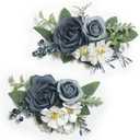 Serwalin 2 Pcs Wrist Corsage and Boutonniere Set, 6-7 Inch Dusty Blue Corsage for Wedding, Boutonniere for Men Corsage Wristlet Prom Ceremony Anniversary Accessories Suit