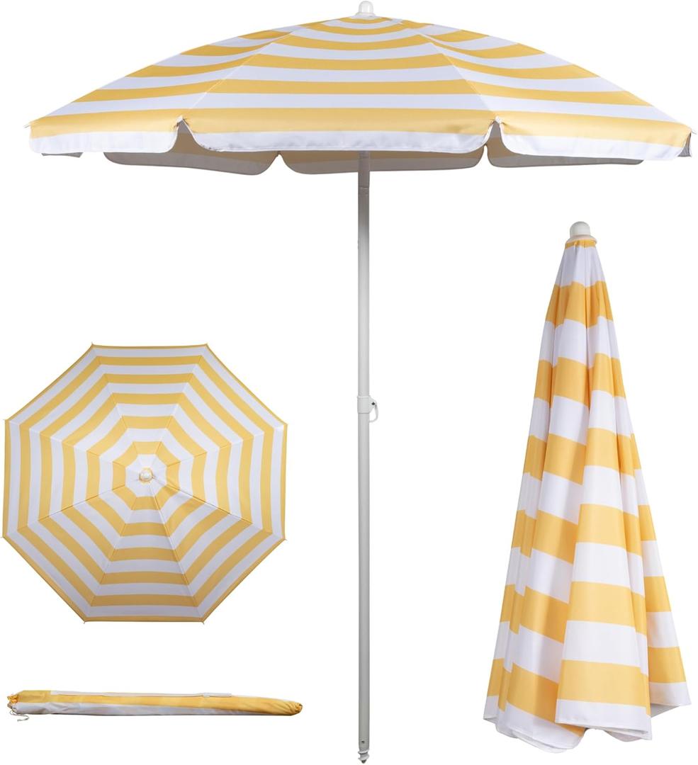 PICNIC TIME 5.5 Ft Portable Beach Umbrella, Lightweight UV Protection Sunshade with Tilt Pole & Carry Bag, Outdoor Canopy Umbrella for Beach, Sand, Pool, Patio, Camping, Travel, or Backyard Shade, (Yellow Cabana Stripe)