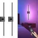 Battery Operated Wall Sconce with Remote Control, 10000mAh Dimmable Wall Sconces Set of Two, 2700K-6500K Adjustable, 7 RGB Colors, Rechargeable LED Wireless Wall Lights for Bedroom, Black, 32 Inch