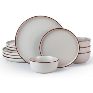 Famiware Mercury Plates and Bowls Sets, 12 Pieces Stoneware Dinnerware Sets, Dishes Set for 4, Microwave and Dishwasher Safe, Light Grey