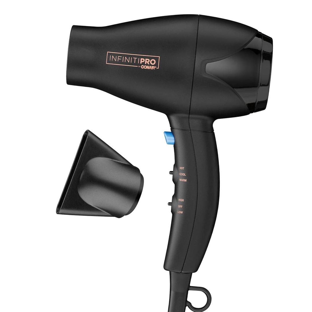 INFINITI PRO CONAIR Travel Hair Dryer, 1600W Mighty Mini Compact Blow Dryer with Concentrator Attachment, Lightweight Professional AC Motor for Fast Drying, 3 Heat & 2 Speed Settings, Black