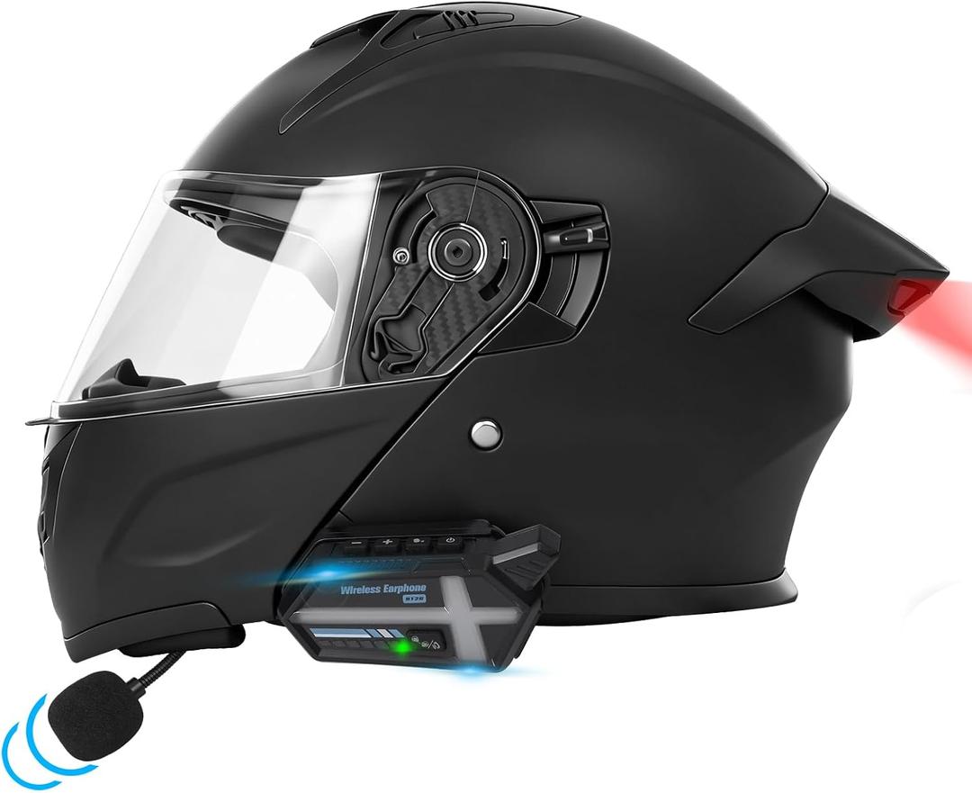 Bluetooth Modular Motorcycle Helmets with Tail Lights, DOT Certified Flip-Up Dual Visor Full Face Helmets for Men & Women Moto ATV UTV Snowmobile ADV Four Wheeler Street Bike (Matte Black, L)