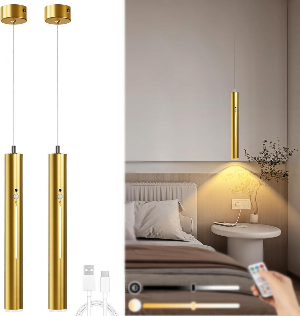 Lightess Battery Operated Pendant Light Motion Sensor Set of 2, Wireless Chandelier with Remote, 3 Color Dimmable, 6000mAh Hanging Light for Kitchen Island Dining Room Bedroom, Gold
