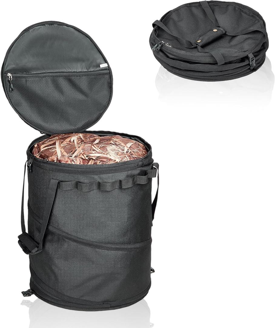 UPWOIGH 16 Gallon Collapsible Garden Waste Bag, Reusable Pop-up Yard Leaf Bag Holder, Black Thickened Oxford Fabric Camping Trash Can for Lawn, Pool, and Garden Debris