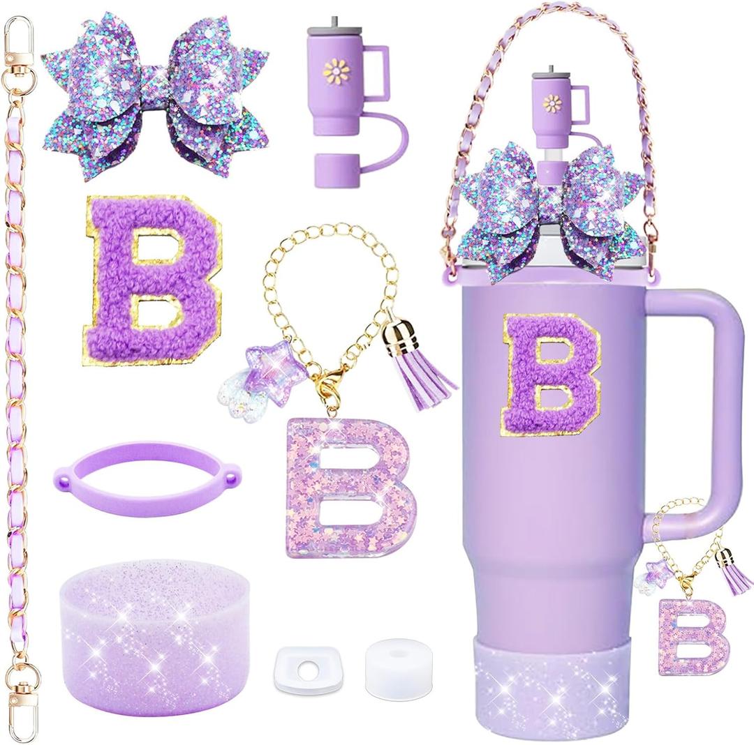 2 x 9PCS Bling Stanley Cup Accessories for 30oz & 40oz Tumbler with handle,Including Initials Charm,Leather Handle Strap,Straw Bow Decorate,Straw Topper,Boot,Spill Proof Stopper,Sticker(Purple B)