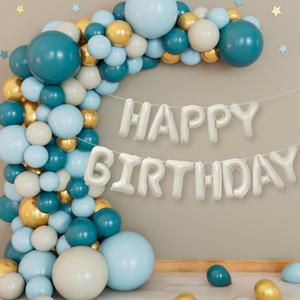 2 x KatchOn Happy Birthday Balloon Set, Pack of 71 | Peacock Blue, Gold, Haze Blue and Sand White Balloon Garland Kit, Cream Happy Birthday Balloon Banner, 71 Count