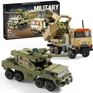 Military Vehicles Building Sets Compatible with Lego, Includes 2 Army Armored Trucks Toy Models - HIMARS Rocket Launcher & Dana M2 Howitzer, STEM Army Toys for Boys, Kids, and Teens Ages 8-14