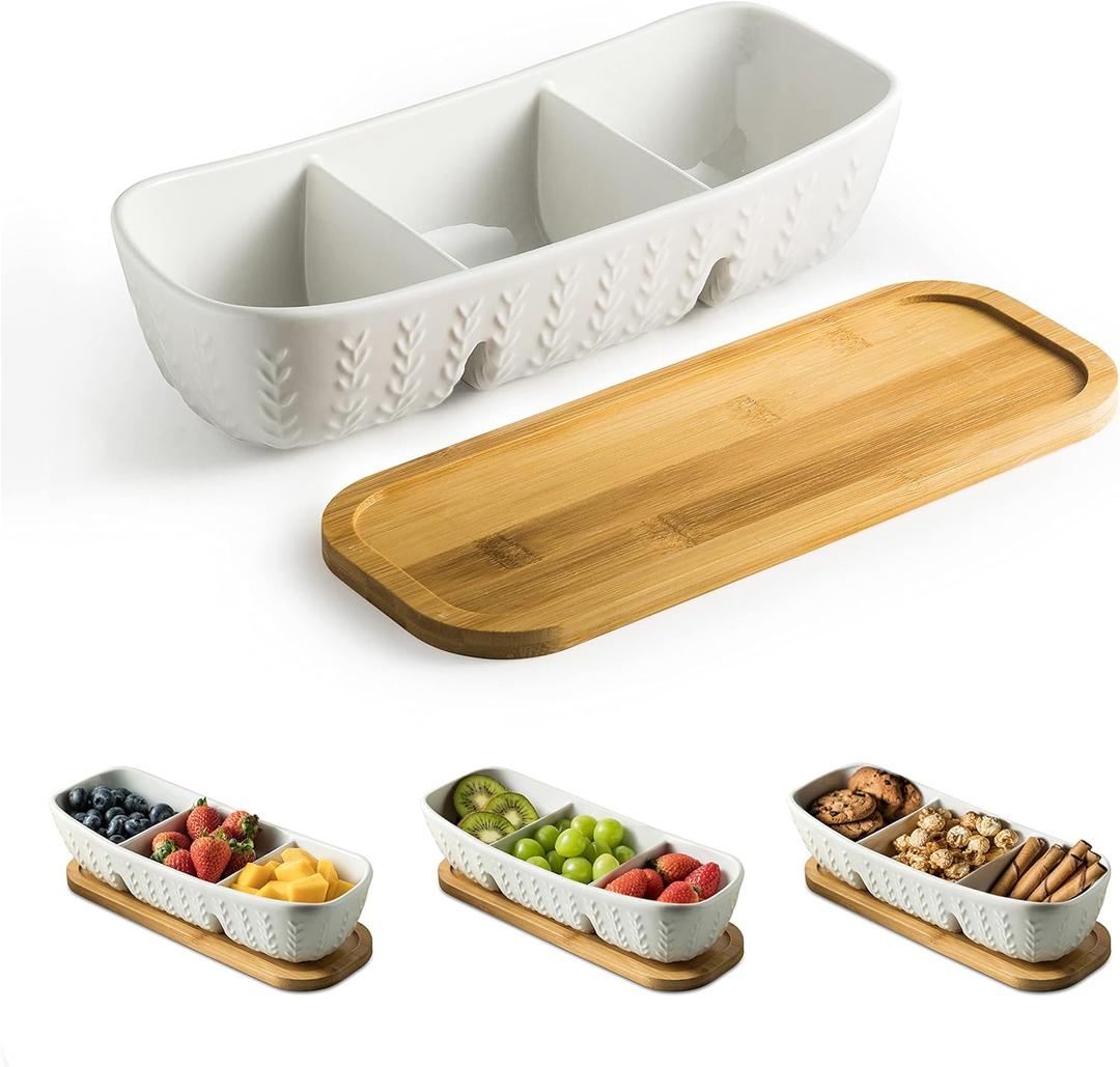 Miamolo Chip and Dip Serving Set with Acacia Wood Serving Tray, Majolica Salsa Turtles - Condiment Tray for Snacks, Appetizers, Charcuterie, Candy, Food, Divided Party Serving Trays (Large-11 Inches)