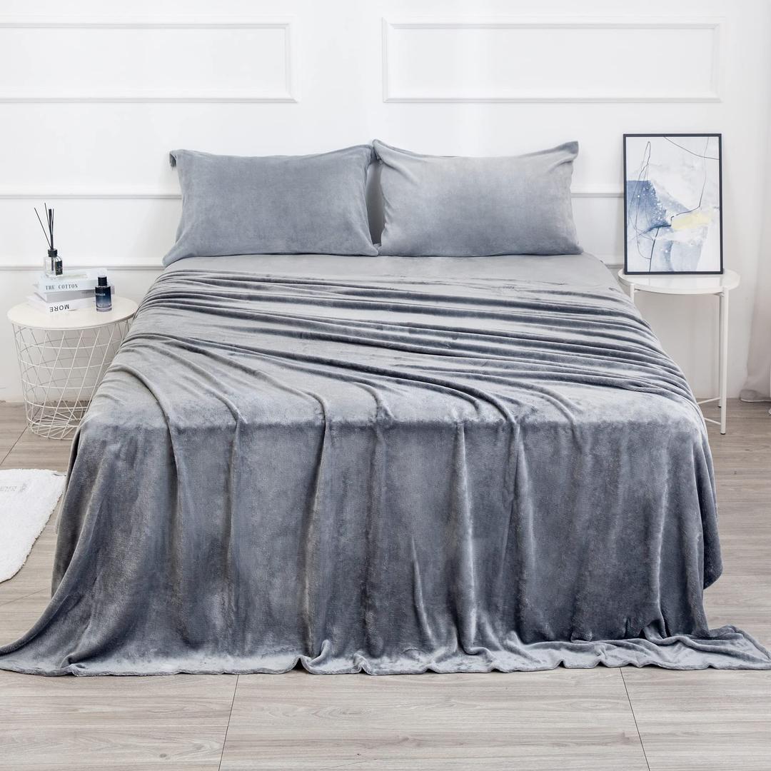 Velvet Plush Sheets Set 102x98.5 Inch, Micro Fleece Extra Soft Cozy Sheet and Pillowcase Set,Ultra Plush and Warmth Deluxe Bed Sheets with Deep Pockets (Grey 4 Piece), Pillow Cases 37x18 Inch