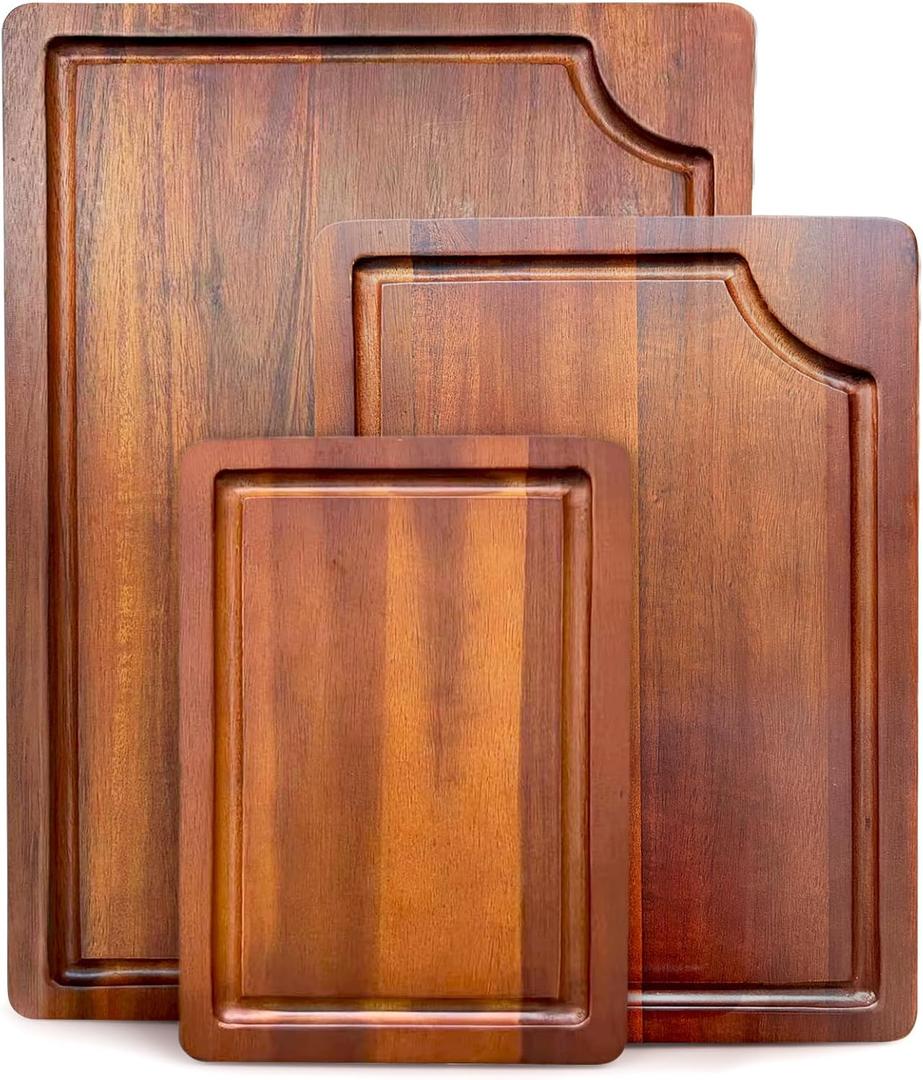 AIDEA Wood Cutting Board, Wooden Cutting Boards for Kitchen, Acacia Wood Chopping Board Set of 3 with Deep Juice Groove, for Meat, Vegetables, and Fruit (15"L x 10"W, Brown)