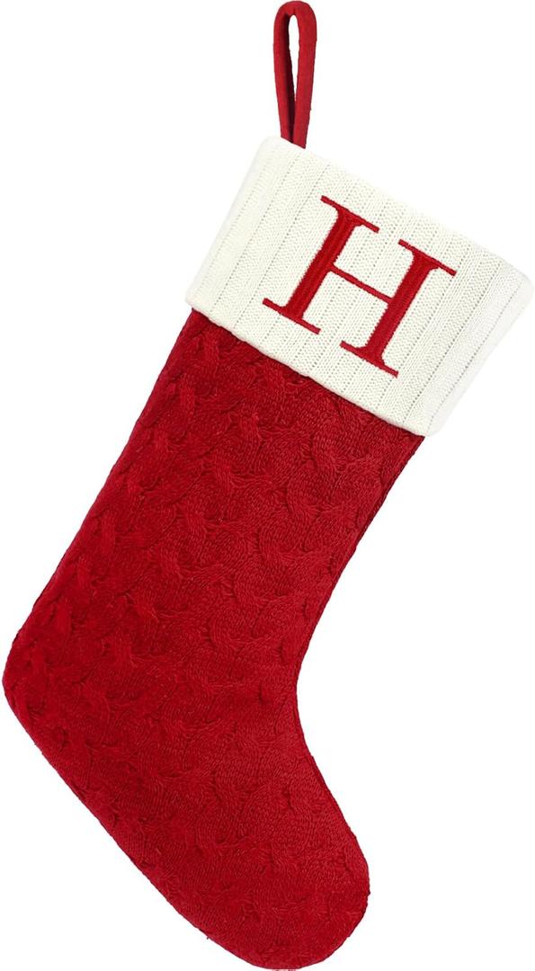 Paulmele Christmas Stockings with Initials,20 Inches Large Knit Embroidered Letter Red White Christmas Stocking,Monogram Christmas Stocking for Famliy Holiday and Xmas Tree Fireplace (Letter H)