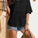 Dokotoo Womens Waffle Knit Tops 2026 Fashion 3/4 Sleeve Casual Button Down Shirts Crew Neck Oversized Patchwork Blouses, Medium