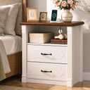 YOSHOOT Farmhouse Tall Night Stand with Charging Station, Wood Bed Side Table with 2 Drawers and Open Shelf, Rustic End Table with Roman Column Design for Bedroom Living Room, White & Brown, 22.8 x 15 x 26in
