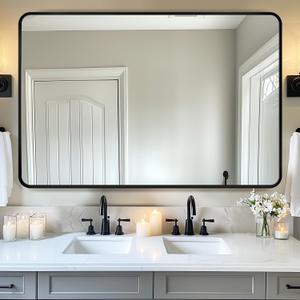 Antok Bathroom Mirror, 55"x30" Wall Mirror, Decorative Mirrors Vanity Mirror Aluminum Alloy Frame Contemporary Rectangular Hanging Mirror for Living Room Bathroom Entryway,Black,Round Corner