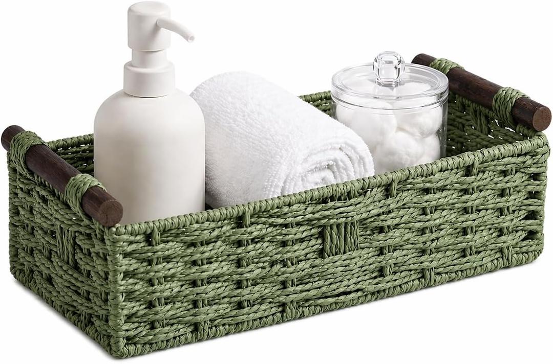 Back of Toilet Basket with Wood Handles, Green Wicker Toilet Paper Basket for Toilet Tank Top, Narrow Toilet Tank Basket, Bathroom Basket Organizer for Wipes & Essentials