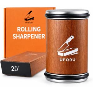 UFORU Rolling Knife Sharpener Kit, Knife Sharpener Tool with 15° & 20° Magnetic Angle Guide, Diamond Discs, Leather Strop, Wooden Kitchen Knife Sharpening System for Chef Knives