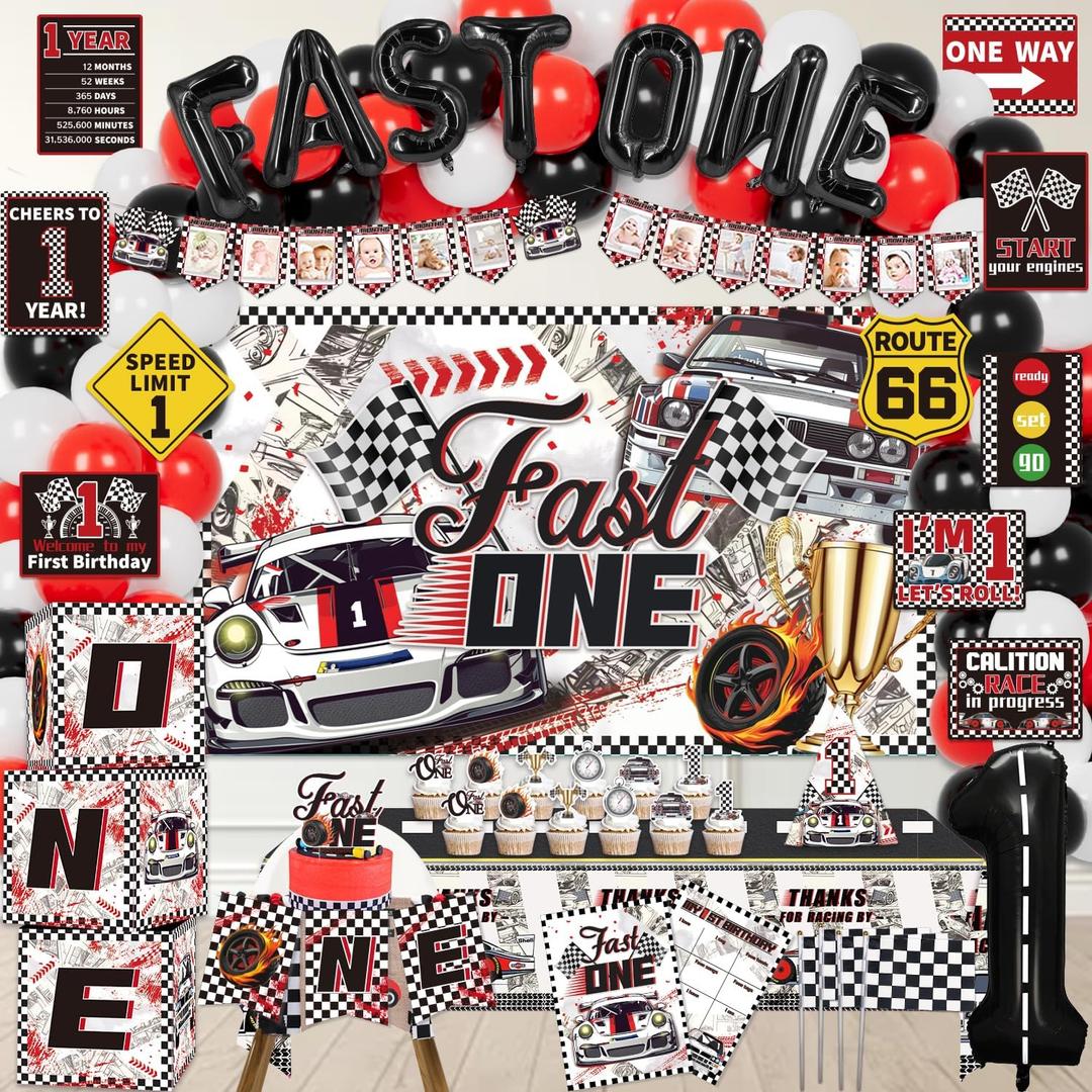 Fast One Birthday Decorations, 125 Pcs Race Car First 1st Birthday Party Supplies for Boys Baby - Banner, Cake Toppers, Balloons, Tablecloth, Centerpieces, Crown, Poster, Baby Boxes