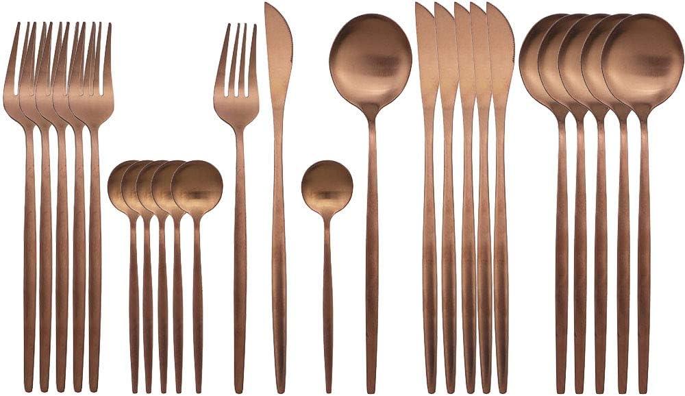 JASHII Rose Gold Silverware Set, 24 Pieces Stainless Steel Copper Flatware Set Cutlery Sets, Include Knife Fork Spoon Teaspoon, Service for 6 (Matte Rose Gold)