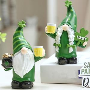 St Patrick's Day Gnomes Decor, 2Pcs Resin Leprechaun Figurines with Pot of Gold, Shamrock for Mantle, Small Lucky Couple Holiday Decorations, Party, Tiered Tray, Irish Home Decor (Green, White, and Black)