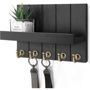 Rebee Vision Farmhouse Key Holder Wall Mount - Modern Key Holder for Living Room and Mail Organizer with Shelf & Hooks for Apartment Essentials - Home Decor Aesthetic (Black, 3.54"D x 10"W x 7.28"H)
