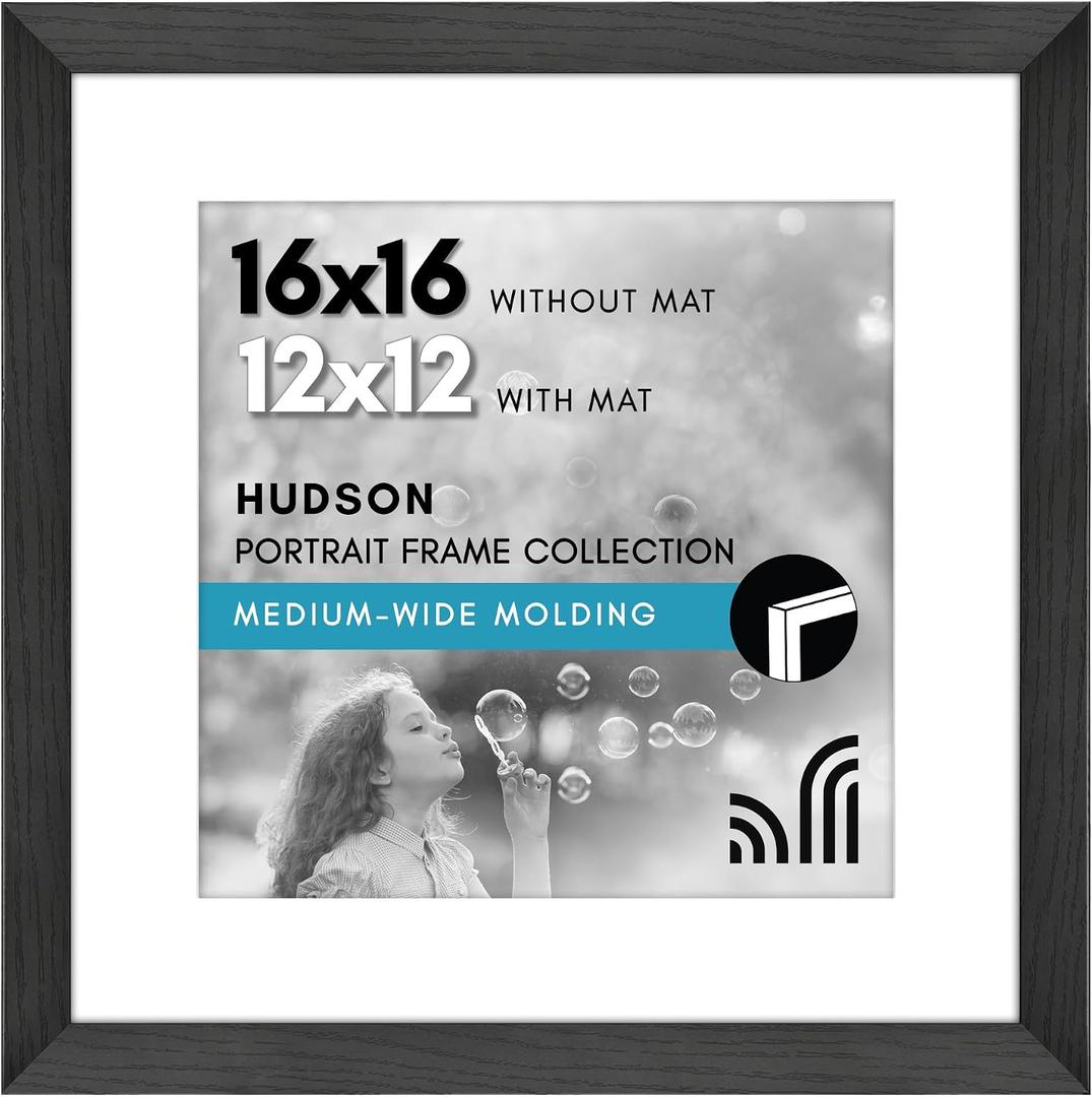 Americanflat 16x16 Picture Frame with Polished Plexiglass - Use as 12x12 Frame with Mat or Display 16x16 Photo Without Mat - Hudson Collection - Wide Square Frames for Wall Display - Black