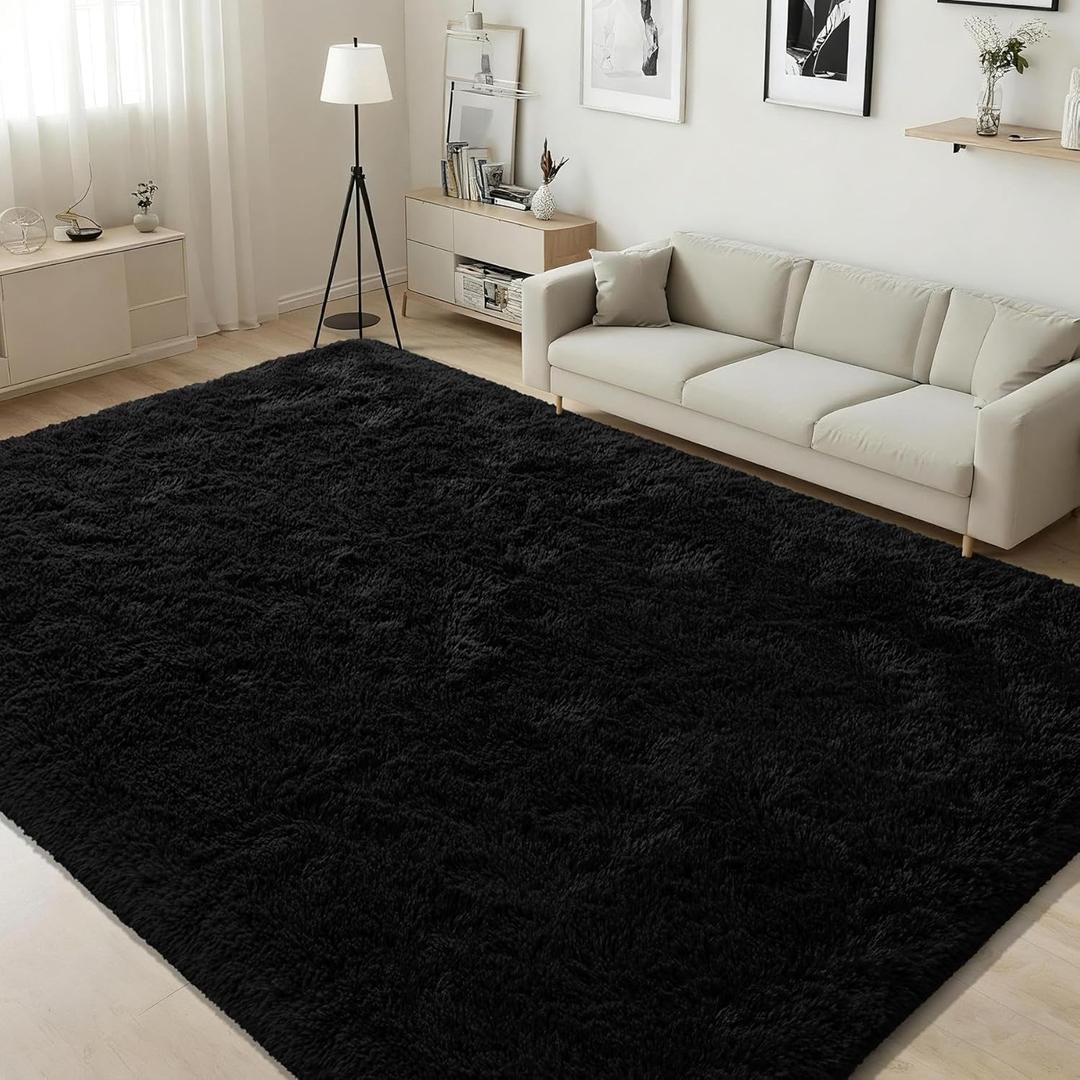ISEAU Rugs for Living Room Fluffy Area Rug Carpets Soft Shaggy 6x9 Feet Rugs for Bedroom, Fuzzy and Comfy Shag Large Rug for Teen's Dorm Boys Kids Nursery Room Decor, Black