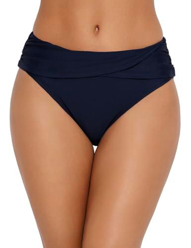 Bonneuitbebe Women Full Coverage Bikini Bottoms Mid Rise Swim Bottom Navy Blue Tummy Control Ruched Swimsuit Bottoms Large
