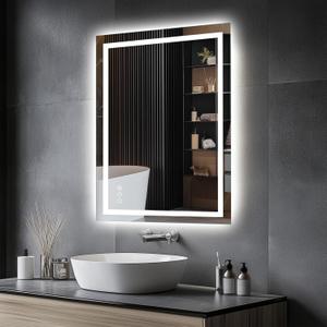 Amorho LED Mirror for Bathroom 28X20 Inch with Backlight and Front Lit, Fogless Mirror for Wall Mounted, Dimmable, 3 Colors, Memory