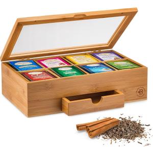 Tea Bag Organizer with Drawer - Bamboo Tea Box Organizer, 8-Compartment Tea Storage Box with Acrylic Lid and Magnetic Closure, Tea Box for Kitchen Counter, Mothers Day Gifts for Mom, Wife, Tea Lovers