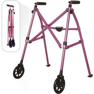 Stander Space Saver Walker, Lightweight Folding Rolling Mobility Aid for Seniors & Adults, Compact 2-Wheel Disability Device with 6-inch Wheels & Ski Glides for Walking Support, Regal Rose