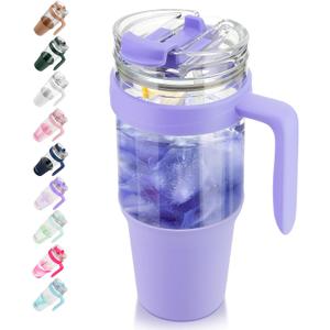 Tronco 40 oz Glass Tumbler with Straw and Lid, Leak-proof Flip Straw, Reusable Glass Tumbler with Handle, Iced Coffee Cup with Plastic Lid, Glass Water Bottles Fit in Cup Holder,Smoothie Cup (Purple)