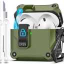 R-fun Compatible with AirPods 4th Gen Case, Full Drop Protection Auto Pop-Up Lid and Lock Design with Cleaner Kit and Keychain for AirPods 4 2024-Olive Green