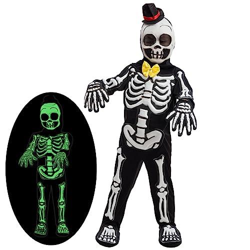 Spooktacular Creations Glows in the Dark Skeleton Costume for Boys, Halloween Skeleton Costume, Bone Jumpsuit for Kids Small
