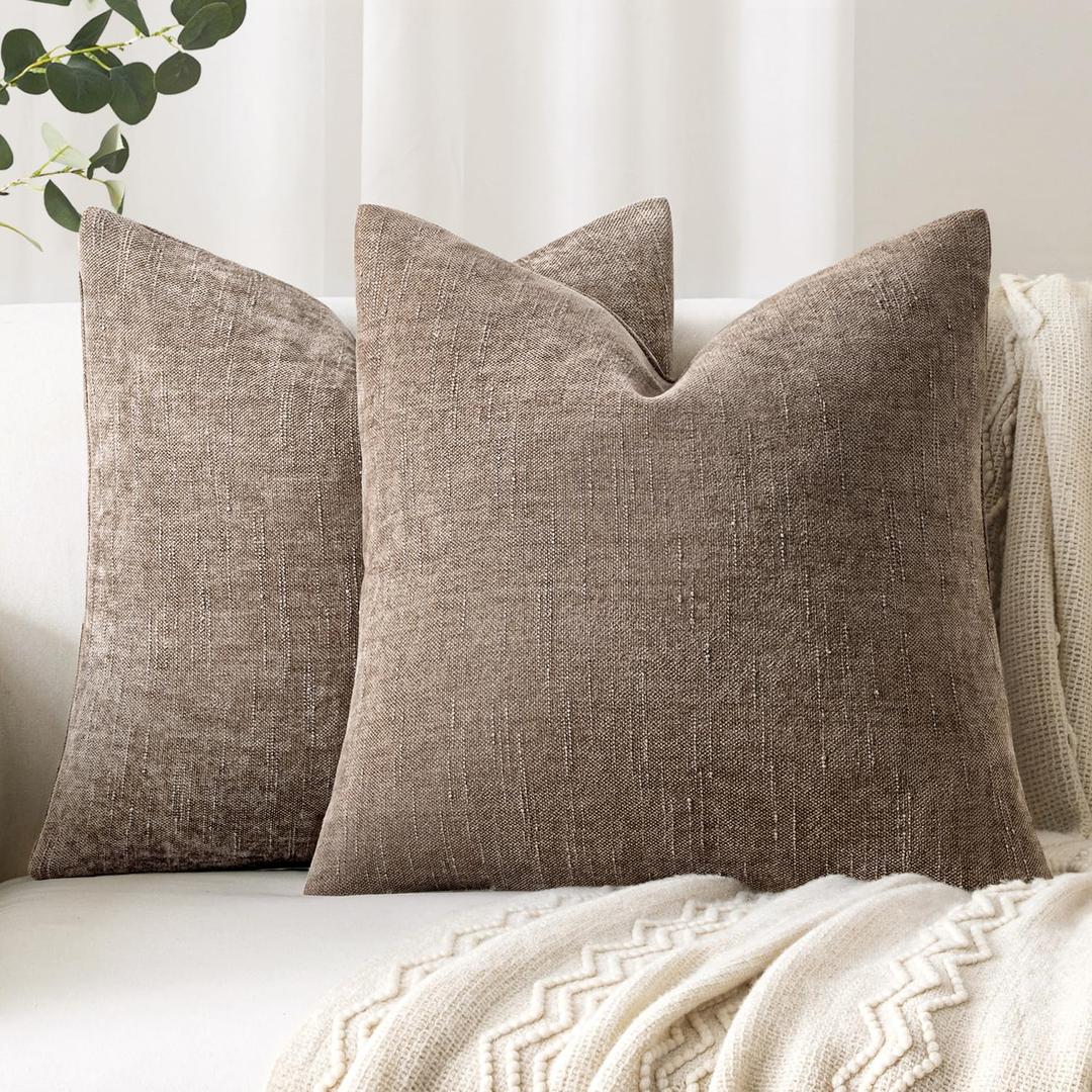 Woaboy Set of 2 Textured Throw Pillow Covers Decorative Soft Accent Square Chenille Pillowcases Neutral Farmhouse Cushions Modern Home Decor for Couch Sofa Bedroom Living Room 24x24 Inch, Taupe Gray