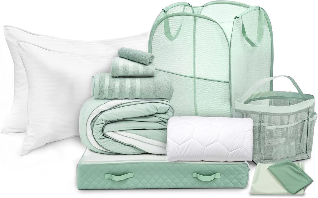 Hearth & Harbor Complete Dorm Room Set, Twin XL Comforter Set, Sheet Set, Pillows, Mattress Protector, Towels and Organizers - All Dorm Accessories Included (Complete Kit with Down Alternative Pillows, Sage)