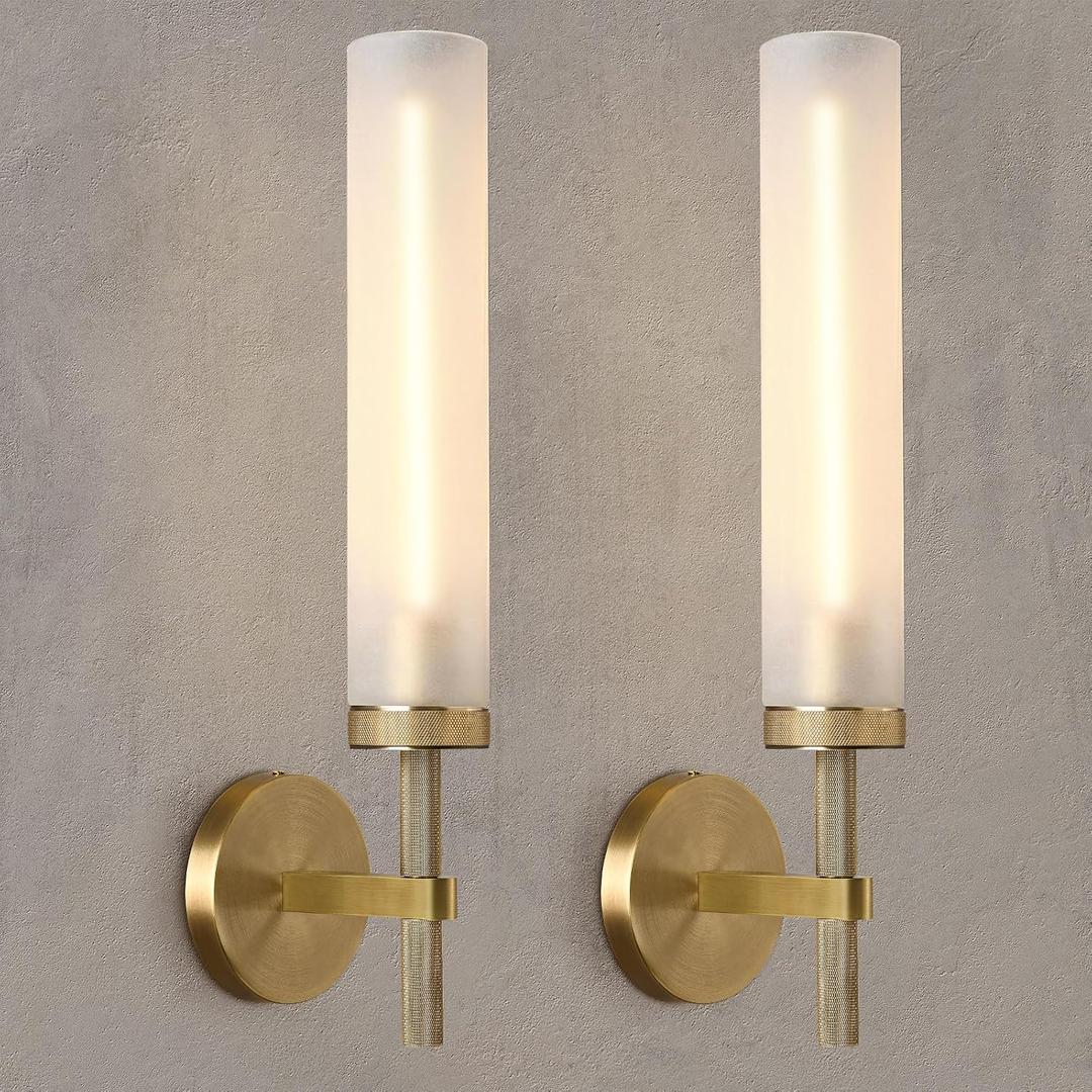 20'' Knurled Brass Bathroom Wall Sconces Set of 2,Premium Frosted Glass Tube Hardwired Vanity Lights, Modern Handmade Wall Lighting for Mirror, Bedroom, Hallway &Living Room,Staircases