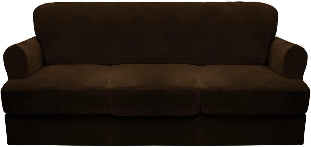 CUCRAF T Cushion Sofa Cover 4 Piece Slipcovers, Soft Thick Velvet Couch Cover for Living Room, Washable High Stretch Furniture Protector with 3 Cushion Slipcover, (Sofa, Brown)