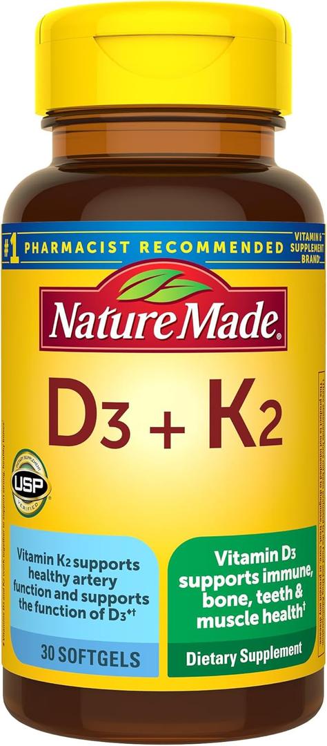 Nature Made Vitamin D3 K2 Supplement, 5000 IU (125 mcg) Vitamin D for Bone, Teeth, Muscle and Immune Support, 30 D3 and K2 Softgels, 30 Day Supply, Exp Date: Aug 2027
