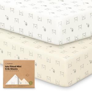 Pack and Play Sheets Fitted - 2-Pack Mini Crib Sheets for Pack N Play Mattress 38x26, Soft & Cozy, Neutral Toddler Playard Bedding, Snug Fitted Mini Baby Crib Mattress Cover Boy, Girl (Bumble Bear)