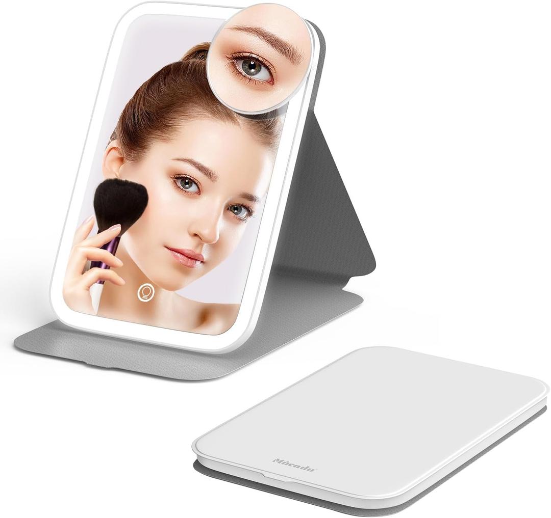 Mocado Travel Makeup Mirro with Lights, 360 Rotation Lighted Makeup Mirror, Portable Mirror with 10x Magnification, 60LEDs 3 Color Lightings, Dimmable Touch Screen, Tabletop Light up Mirror(White)