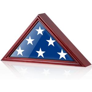 DecoWoodo Flag Display Case for 9.5'x5' American Veteran Burial Flag with HD Tempered Glass, Wall Mounted Memorial Flag Holders for Folded Funeral Flag Wooden Triangle Flag Frame Shadow Box, Mahogany
